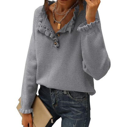 Women's Knit Pullover Sweater Tops - Casual Long Sleeve Button Down Crew Neck Ruffle Solid Color Striped - Knitwear, Womenswear