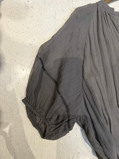 V-Neck Puff Sleeve Loose Flowy Maxi Dress with Woven Belt Included Crinkle Texture Elegant Casual Summer Dress White Dark Grey