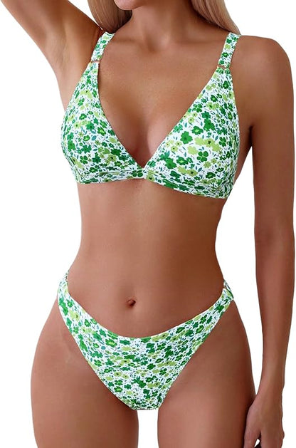 Women's 2 Piece Floral Print Swimsuit Triangle String High Cut Bikini Sets Bathing Suit - Seldom Seen Styles