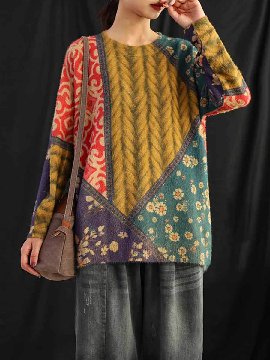 Plus Size Women Autumn Retro Floral Spliced Soft Sweater