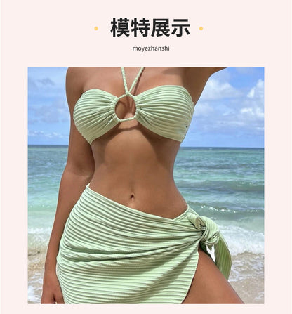 bikini Three-Piece Gauze Skirt Swimsuit Bikini Halter Solid Color Swimwear - Seldom Seen Styles