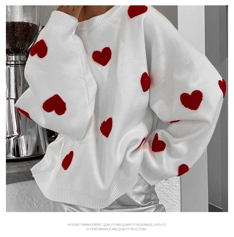 Women's Spring Heart Print Long Sleeve Crewneck Knitting Jumper, Comfort Round Neck Sweater for Daily Streetwear, Tiktop Shop, Lady's Top for Spring - Seldom Seen Styles