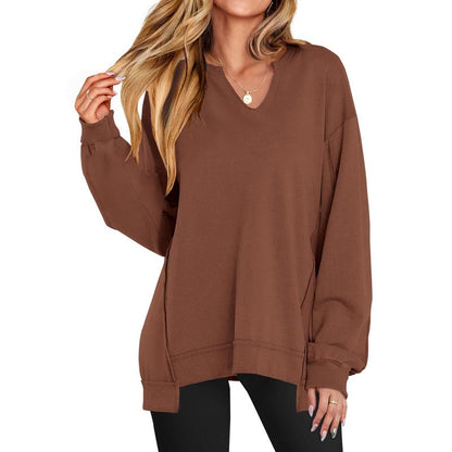 Womens Oversized Sweatshirt V Neck Long Sleeve Tunic Lightweight Pullover 2025 Winter Casual Tops Teen Girl Outfits - Seldom Seen Styles