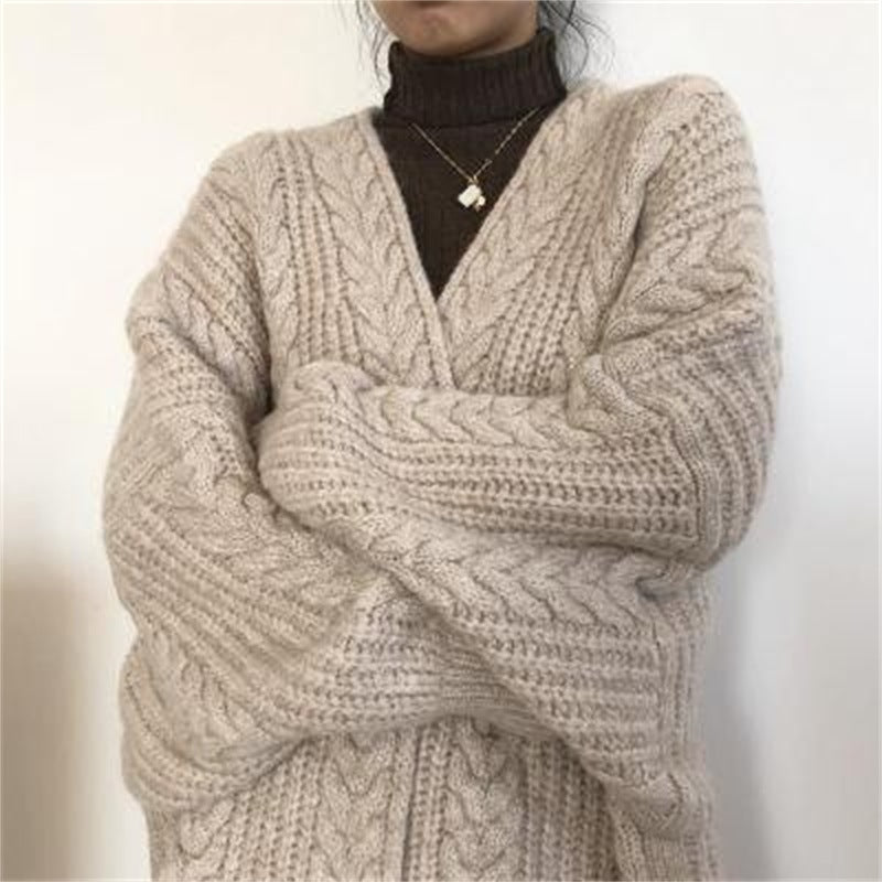 2023 frühjahr Neue Koreanische Stil Mid-Länge Faul Stil Langarm Pullover Lose Oberbekleidung Strickjacke Mantel frauen dick 