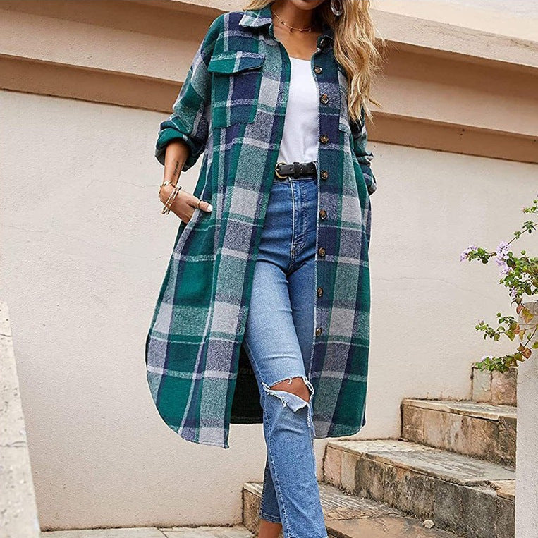 Women's Casual Wool Blend Long Plaid Shirt Jacket Button Down Pocketed Shirt Shacket