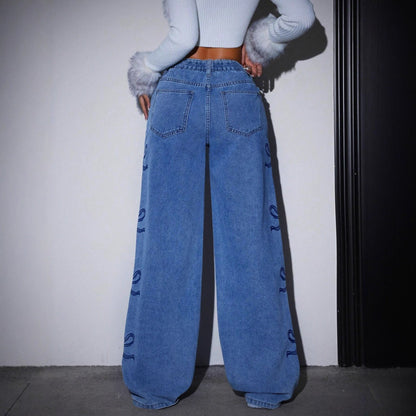 Women's High Waist Wide Leg Jeans - Bow Embroidery Detail - Button Fly
