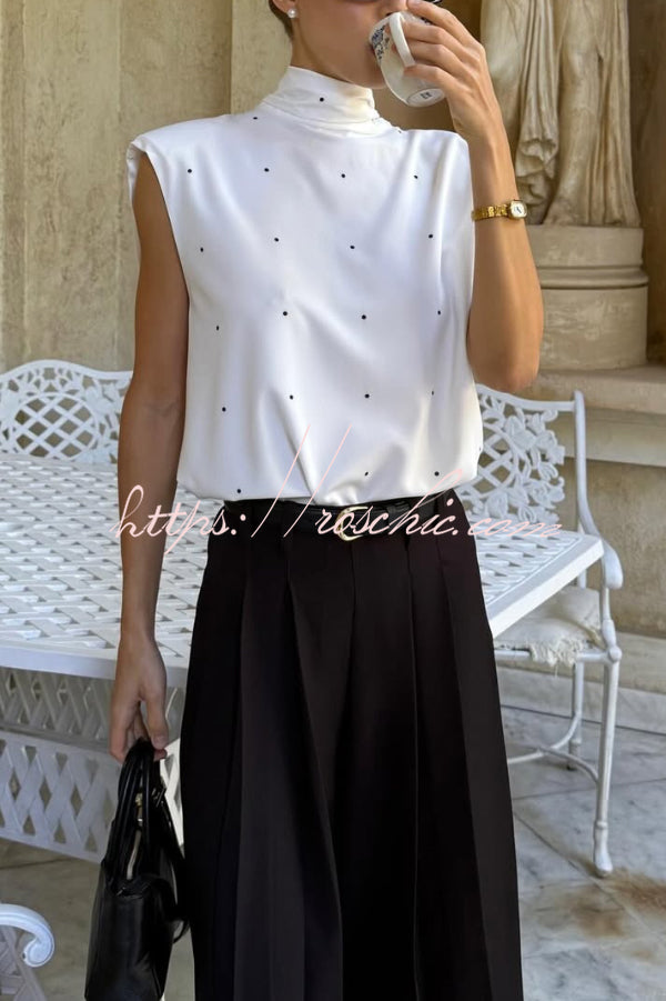 Polka Dot Print Open Backless Stand Collar Sleeveless Ribbon Top - Seldom Seen Styles