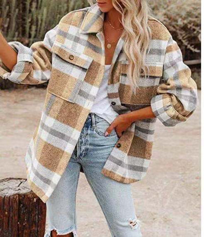 Amazon Autumn and Winter European and American Women's Clothing Autumn and Winter Long Sleeve Lapel Loose Plaid Wool Coat