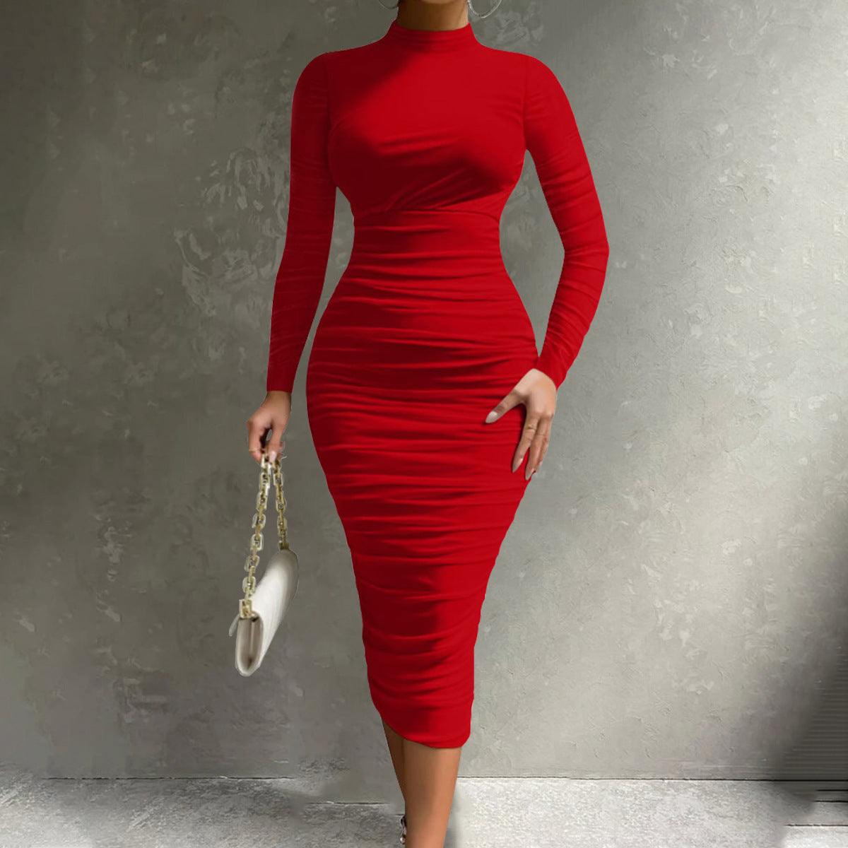 Women's Cocktail Bodycon Long Sleeve Mock Neck Mesh Ruched Midi Party Dress Formal Womenswear - Seldom Seen Styles