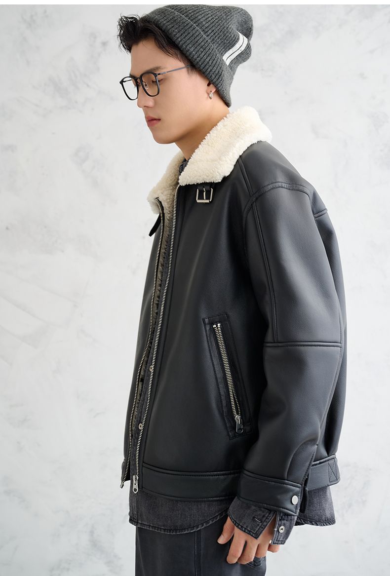 [PU leather composite imitation lamb wool collar] Winter fur integrated thickened thermal leather jacket jacket men