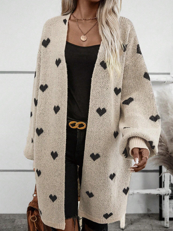 Long Heart Jacquard Sweater  Cardigan Fashion All-Match Casual Sweater Coat for Women