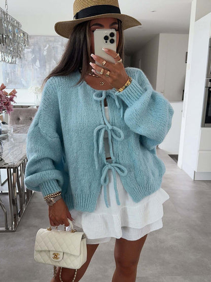 round Neck Tied Knitted Cardigan Jacket Autumn  Winter New Solid Color Commute Simple Sweater Women