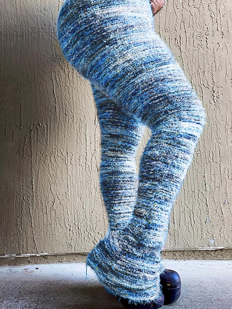 Women's Striped Print Flare Leg Fuzzy Sweater Pants, Casual Street Comfy Knit Bell Bottom Trousers For Fall & Winter, Women's Knitwear For Daily Wear - Seldom Seen Styles
