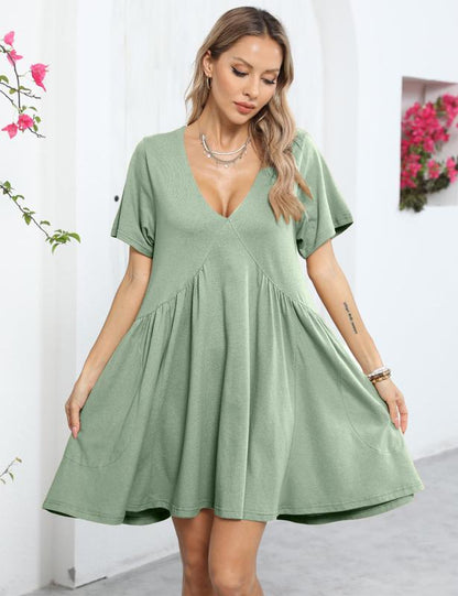 Womens Summer Mini Dress Casual Short Sleeve Loose V Neck Flowy Sundress Vacation Tshirt Sun Dress