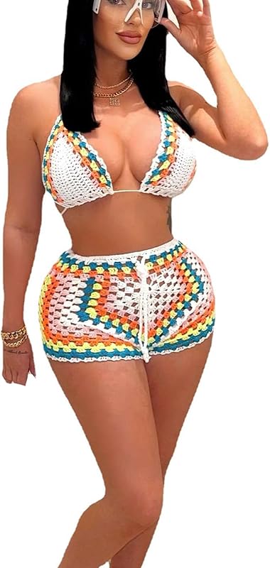 Women Sexy Beach Coverups Summer 2 Piece Outfits Crochet Mesh Fishnet Bikini Top and Maxi Skirt Set - Seldom Seen Styles