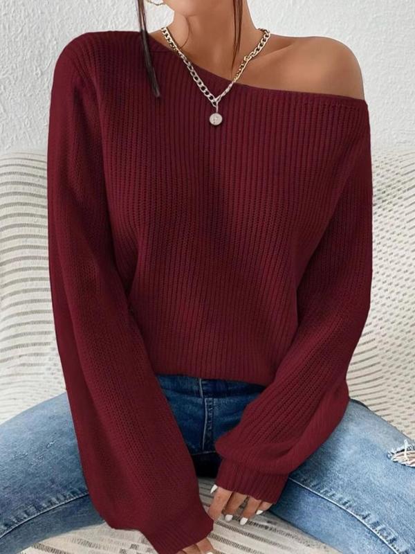 Women's Minimalist Solid Drop Shoulder Asymmetrical Neck Knit Top