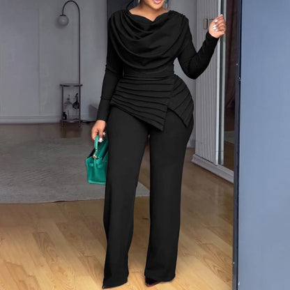 Cowl Neck Asymmetrical Patchwork Ruched Jumpsuit Casual Cinched Waist Zipper Back Straight Leg Jumpsuit