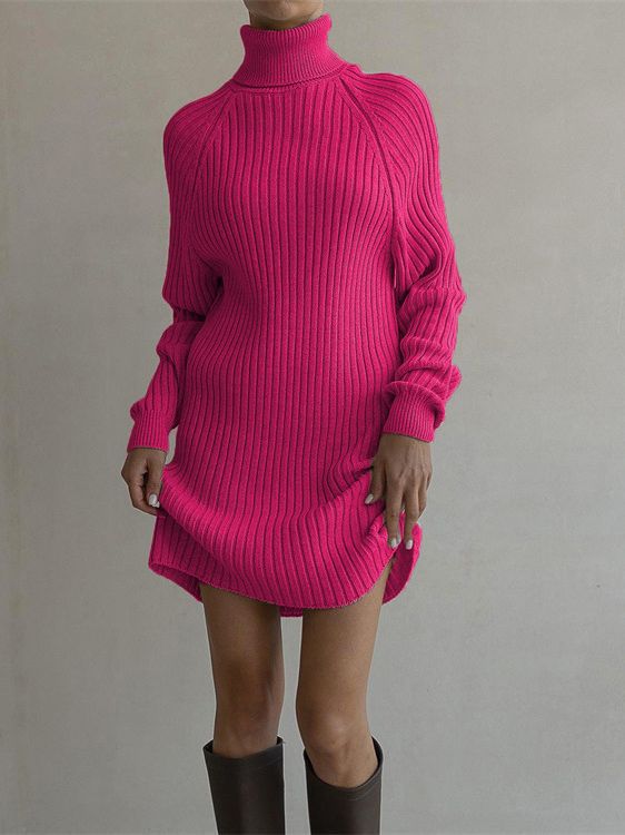 Long Sleeve High Collar Sweater Dress Women Casual Loose Thick Sunken Stripe Solid Color Sheath 2023 Autumn and Winter Knitting Dress