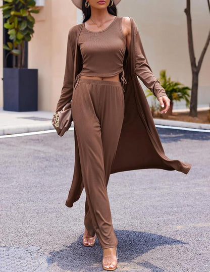 Cozy New  Women's 3 Piece Knit Lounge Set Long Sleeve Cardigan Sleeveless Top Pants Sweatsuit S-XXL