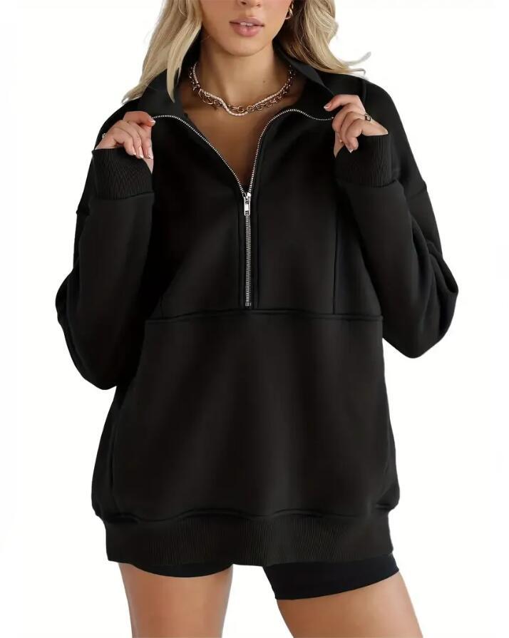 WOMEN'S half zip sweatshirt fleece stand collar long sleeve thumb hole oversized pullovers with pockets