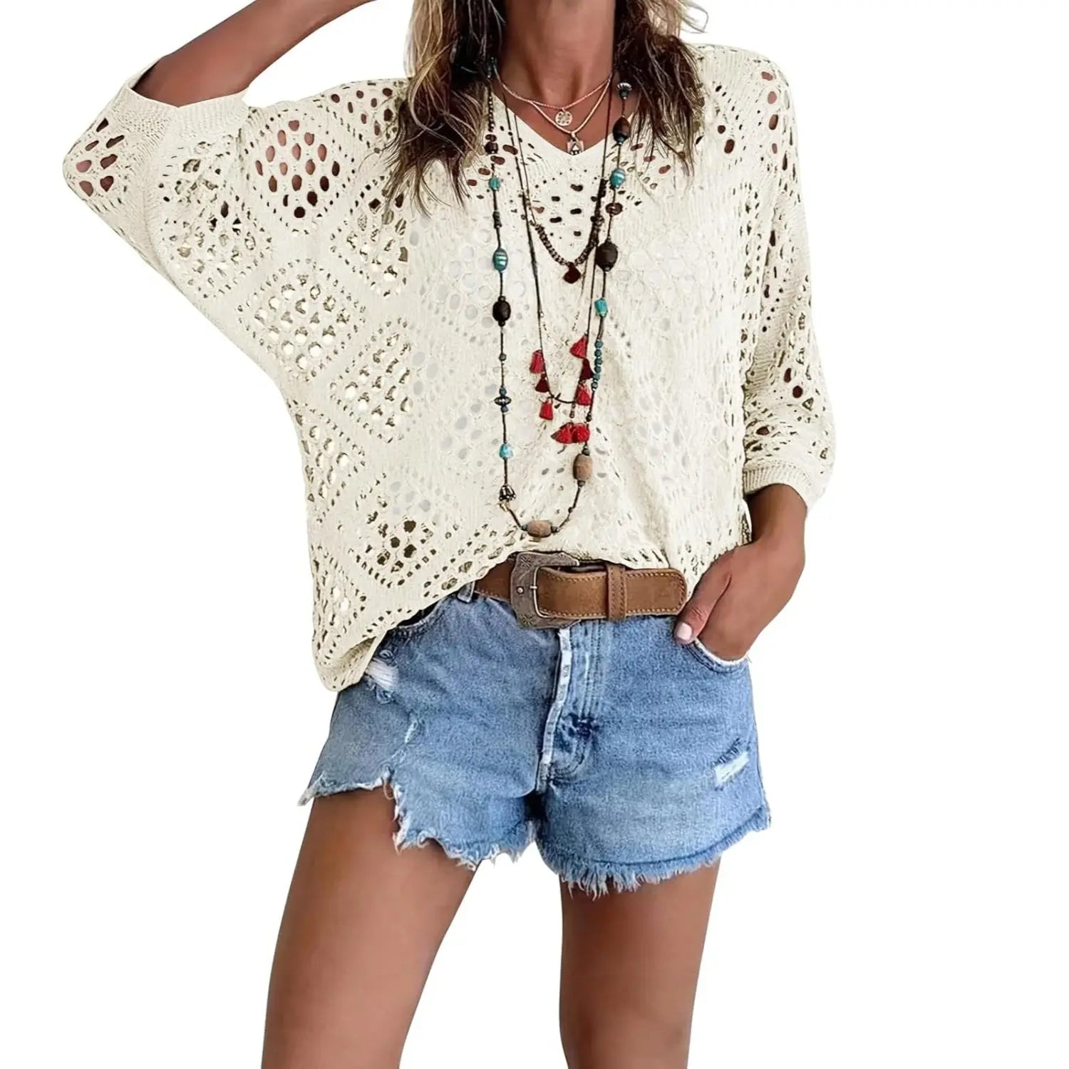 Fisoew Women's Bohemian-Inspired Beige Crochet Top with V-Neck #Springtok #TikTokShopJumpstartSale Casual Chic - Seldom Seen Styles
