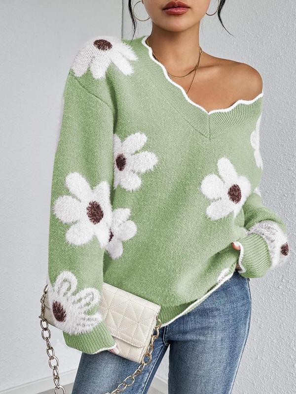 Women's Floral Pattern Scallop Trim Drop Shoulder Sweater, Casual Long Sleeve V Neck Jumper for Fall & Winter, Fashion Ladies' Knitwear for Daily Wear - Seldom Seen Styles