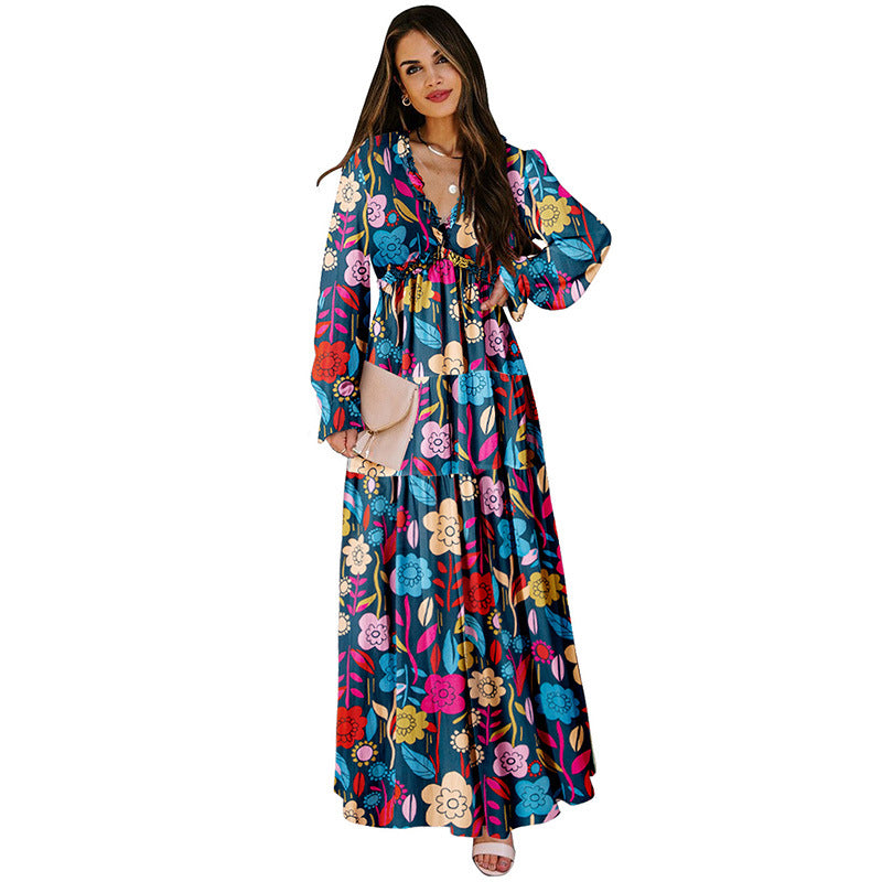 European and American Fashion V Collar Tulle Floral Print Long Sleeve Dress Women Autumn New Loose Casual Chiffon Dress for Women