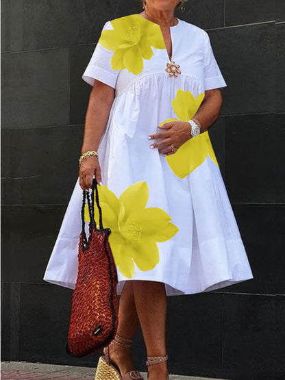 A-Line Loose Flower Print Pleated V-Neck Midi Dresses