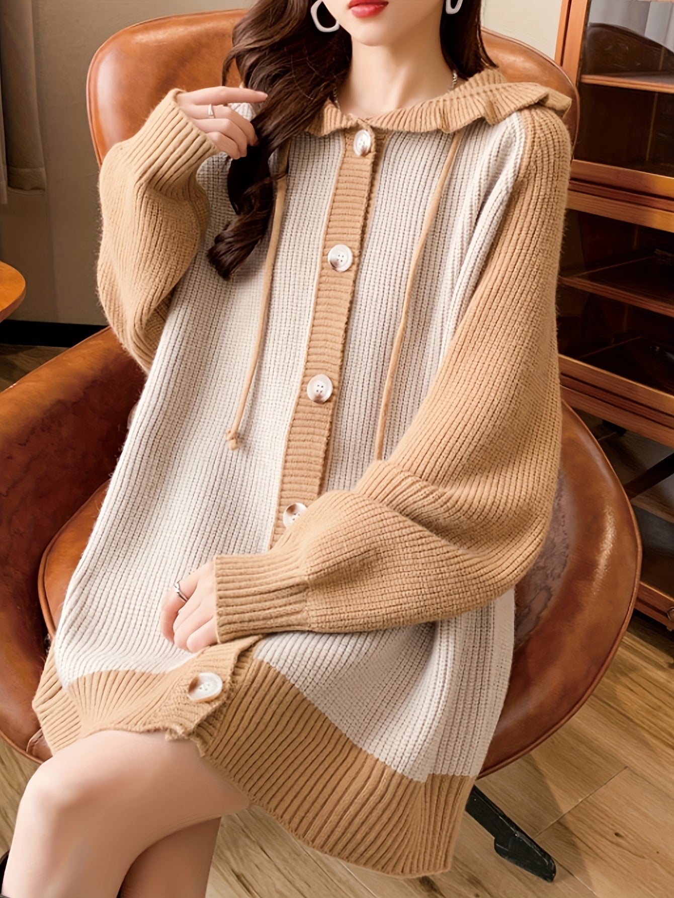 Color Block Button Front Hooded Cardigan, Casual Raglan Sleeve Drawstring Knitted Cardigan For Fall & Winter, Women's Clothing