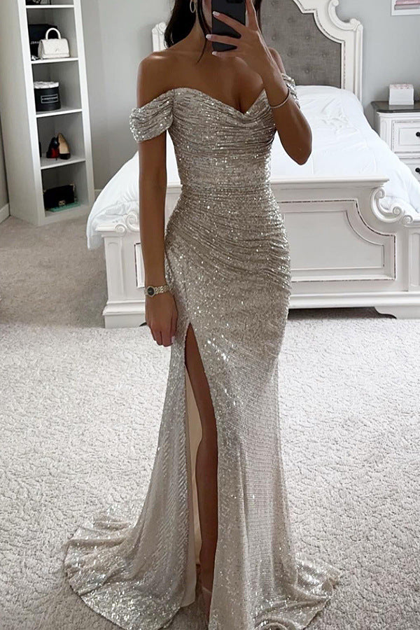 sequin prom dresses strapless sequin dress Split Dress off-Shoulder INS  Fashion low cut maxi Dress for Women