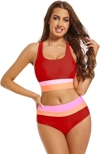 2 Piece Swimsuit for Women 2024 High-Waisted Color Block Bathing Suits Modest Sporty Bikinis Set - Seldom Seen Styles