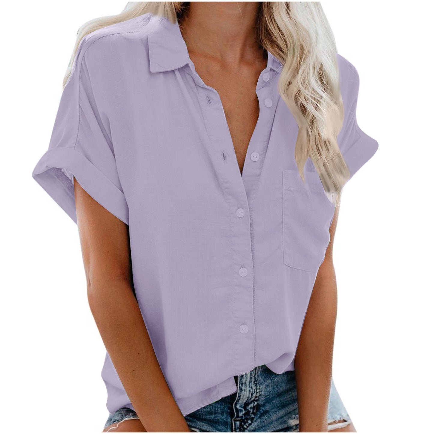 Beautife Damen Kurzarmhemden, V-Ausschnitt, Kragen, Button-Down-Shirt, Tops mit Taschen