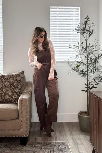 Corduroy Overalls for Women Barrel Wide Leg Bib Corduroy Pants Women Adjustable Romper Jumpsuit with Pockets