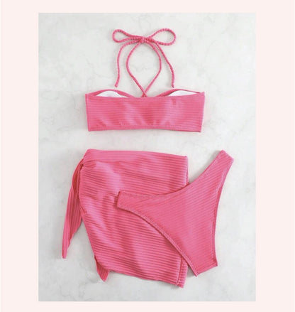 bikini Three-Piece Gauze Skirt Swimsuit Bikini Halter Solid Color Swimwear - Seldom Seen Styles