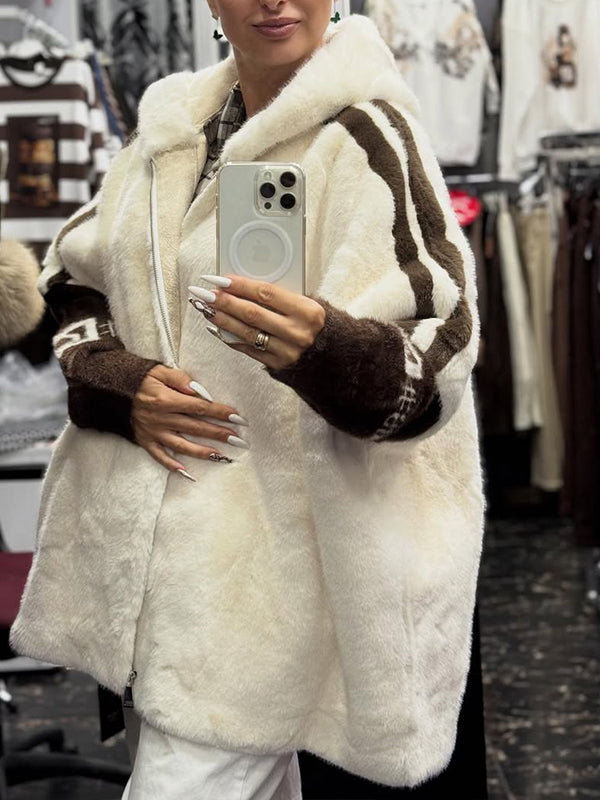 Women Plush Hooded Vertical Stripe Printed Casual Coat - Seldom Seen Styles