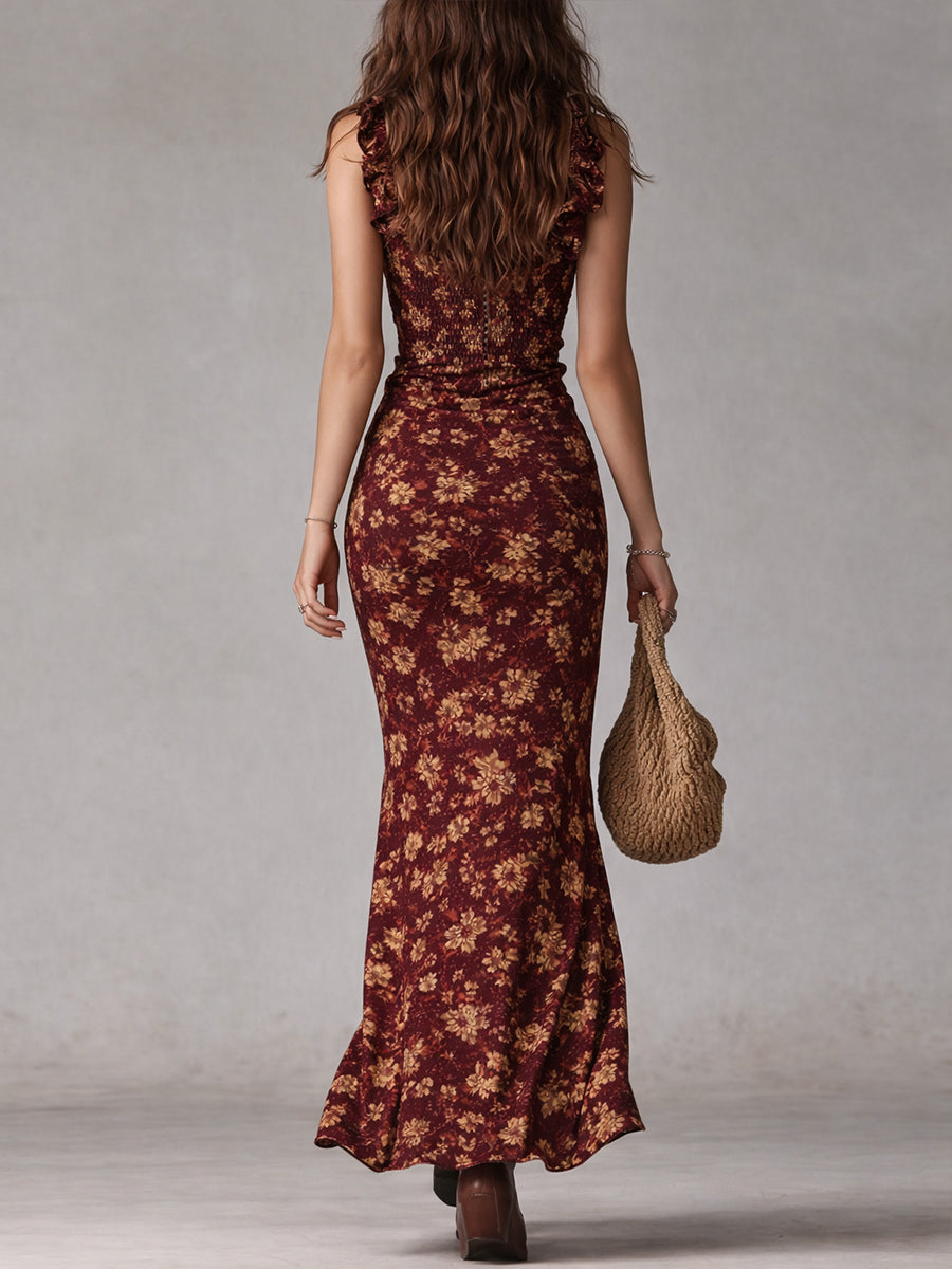 Women's Floral Maxi Dress Ruffle Strap Bodycon High Slit Summer Boho Dress - Seldom Seen Styles