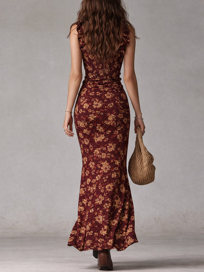 Women's Floral Maxi Dress Ruffle Strap Bodycon High Slit Summer Boho Dress