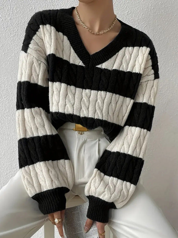 Autumn and Winter Lazy Style New Knitwear Loose Fashion Cross-Border Foreign Trade Women's ClothingVCollar Retro Contrast Color Striped Sweater