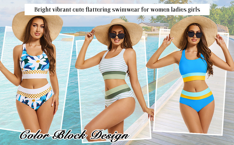 2 Piece Swimsuit for Women 2024 High-Waisted Color Block Bathing Suits Modest Sporty Bikinis Set - Seldom Seen Styles