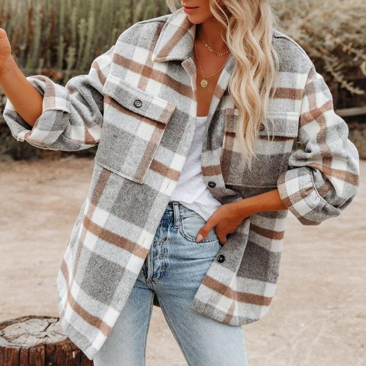 Beaully Damen Flanell Plaid Shacket Langarm Button-Down-Hemden Jacke Mäntel mit Seitentaschen 