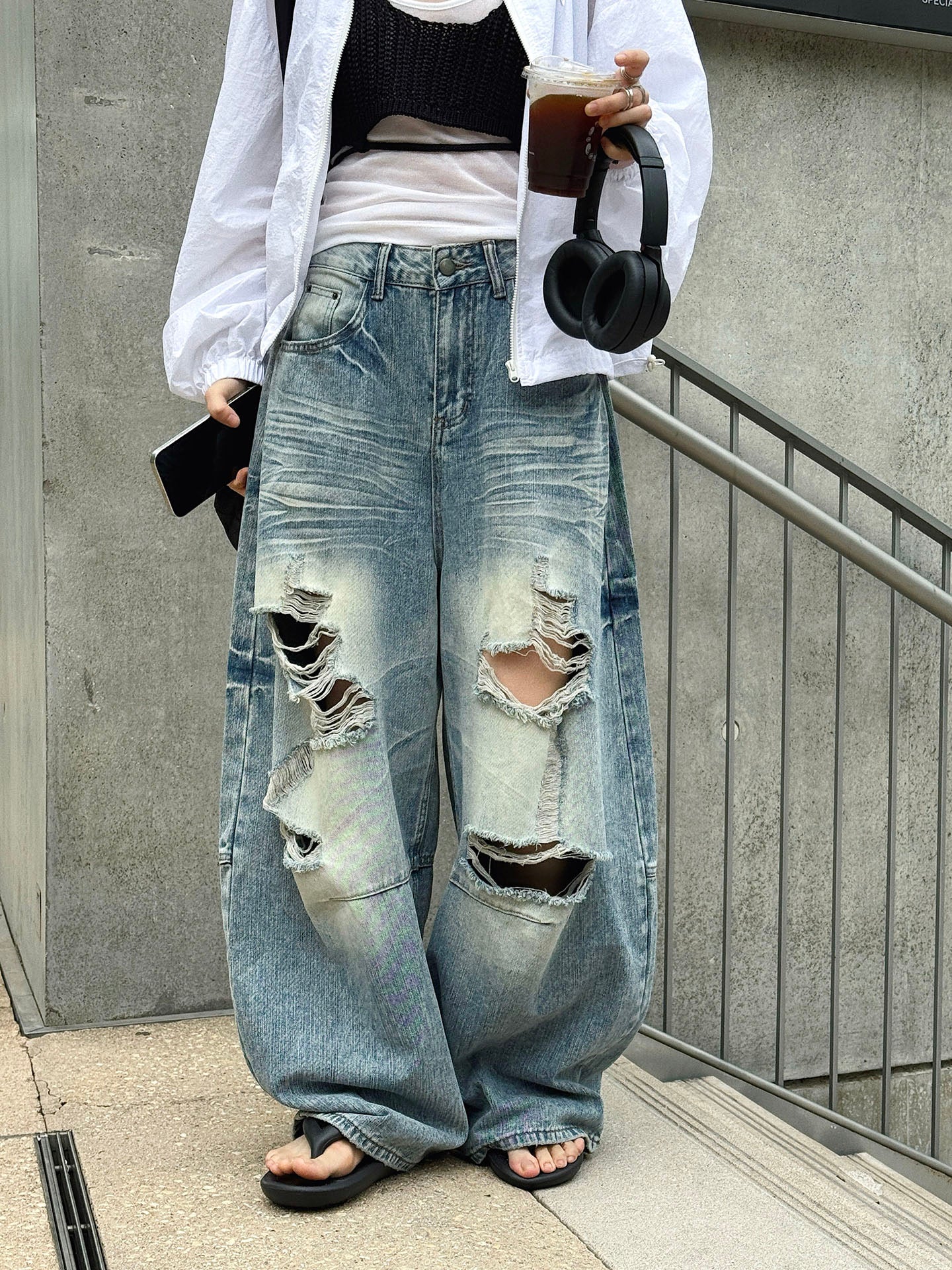 Women's Distressed Ripped Wide Leg Jeans High Waist Baggy Denim Pants Streetwear Y2K Casual Summer Outfit