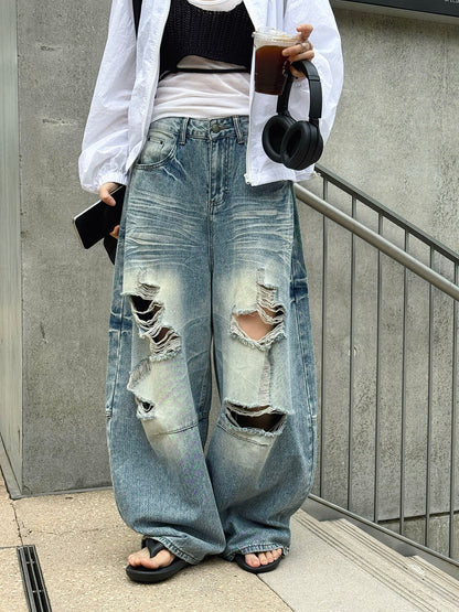 Women's Distressed Ripped Wide Leg Jeans High Waist Baggy Denim Pants Streetwear Y2K Casual Summer Outfit