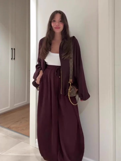 Women's 2 Piece Outfits Oversized Fleece Sweatsuit Zip Up Long Sleeve Sweatshirt with Wide Leg Sweatpants