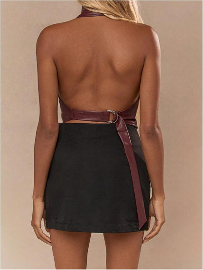 Women's PU Leather Halter Tank Tops Sexy Deep V Neck Asymmetrical Vest Corset Party Clubwear