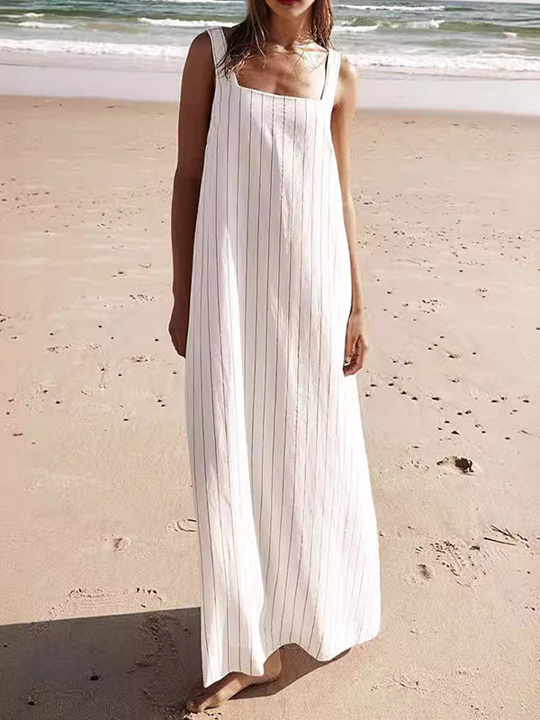 A-Line Loose Striped Square-Neck Maxi Dresses - Seldom Seen Styles