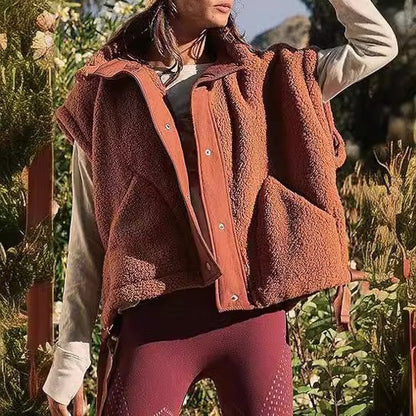 Gilet polaire sherpa chaud pour femme, décontracté, confortable, sans manches, boutonné, avec poches