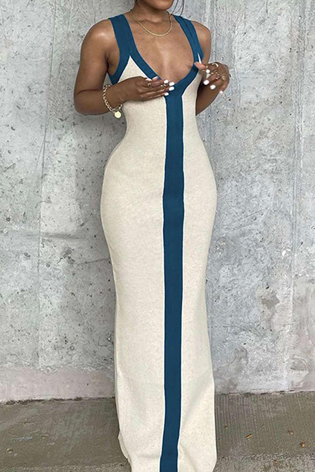 Colorblock V-neck Ribbed Split Maxi Dress - Seldom Seen Styles