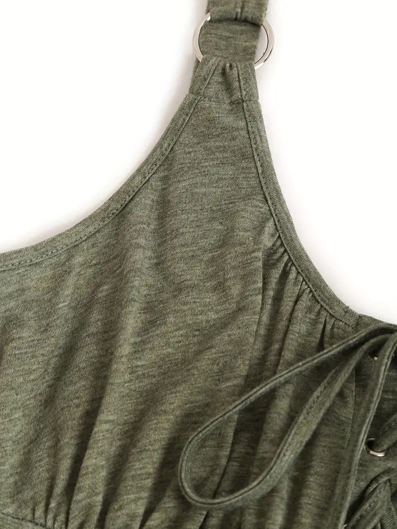 Women's Plain Lace Up Tie Front Tank Dress, Casual Fitted Sleeveless O-ring A Line Dress for Summer, Dresses for Women, Ladies Clothes for Everyday Daily Wear, Womenswear, Vacation Dresses - Seldom Seen Styles