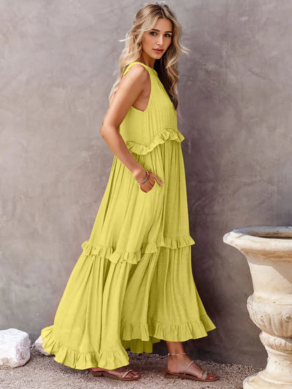Women's Tiered Ruffle Maxi Dress with Pockets Smocked Halter Neckline Flowy Boho Summer Casual Long Dress