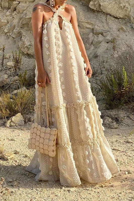 3D Floral Criss-cross Halterneck Maxi Dress - Seldom Seen Styles